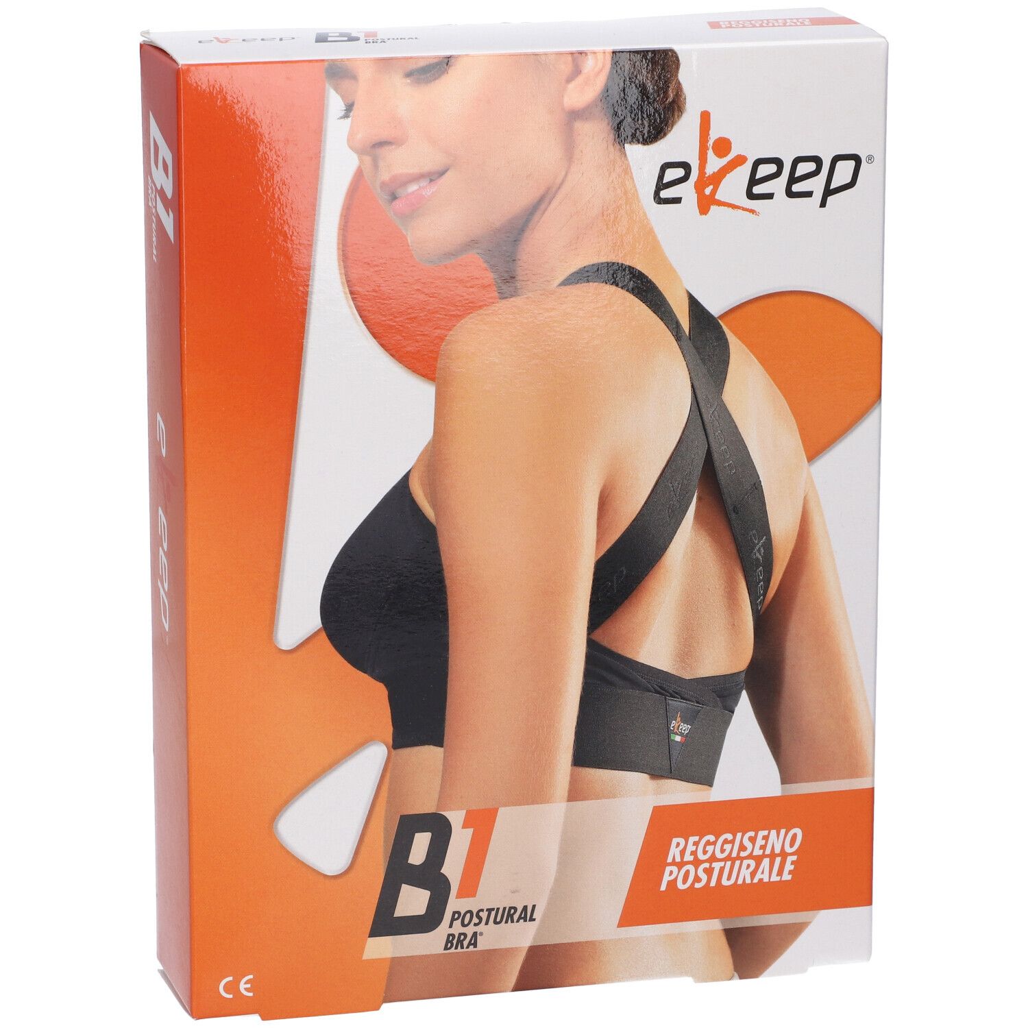 Fronte della confezione del reggiseno posturale Ekeep B1. Immagine del prodotto e testo su sfondo arancione e bianco. Primo piano.