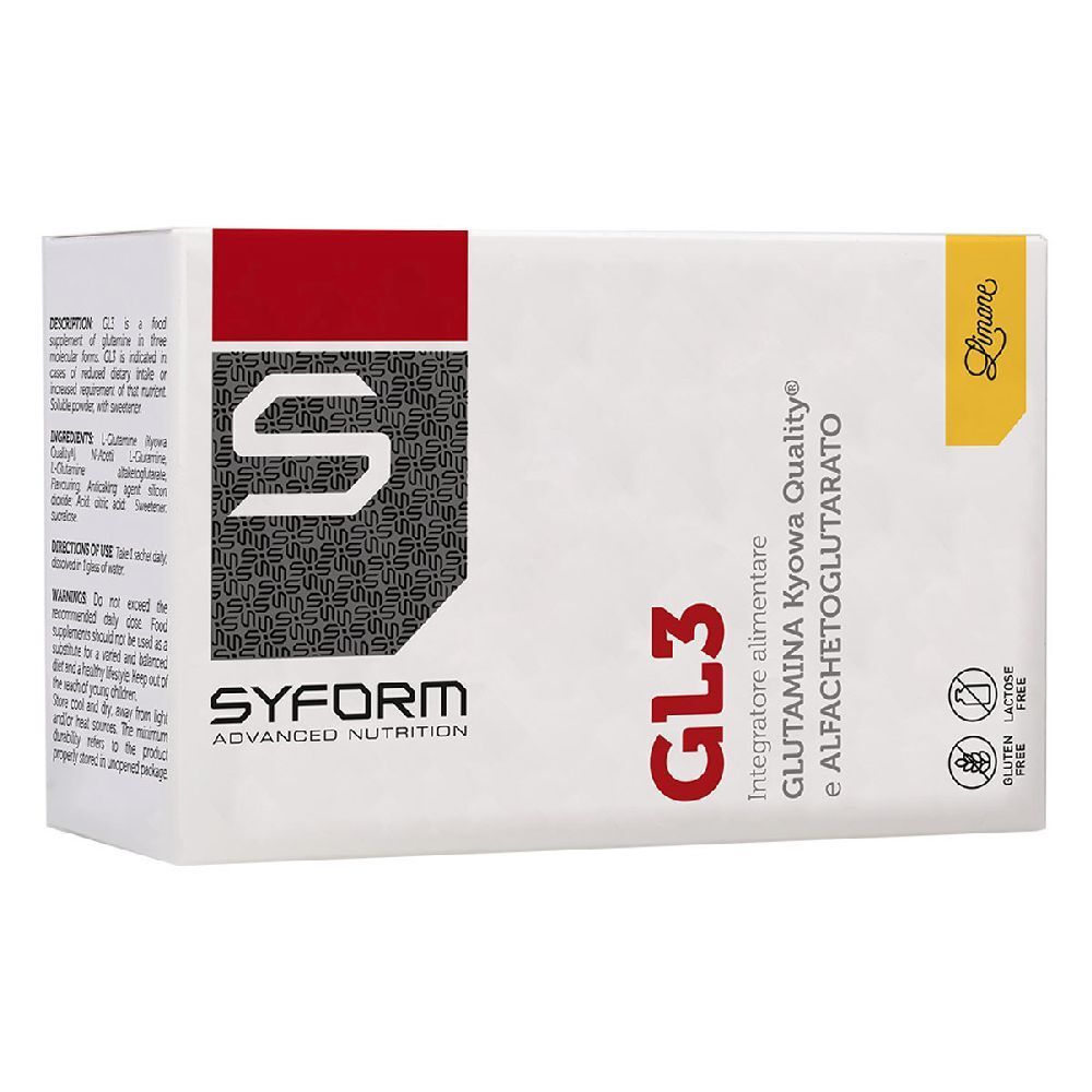 Scatola bianca con fascia rossa. Scritta SYFORM, GL3, Glutamina Kyowa Quality e Alfachetoglutarato. Senza glutine e lattosio.