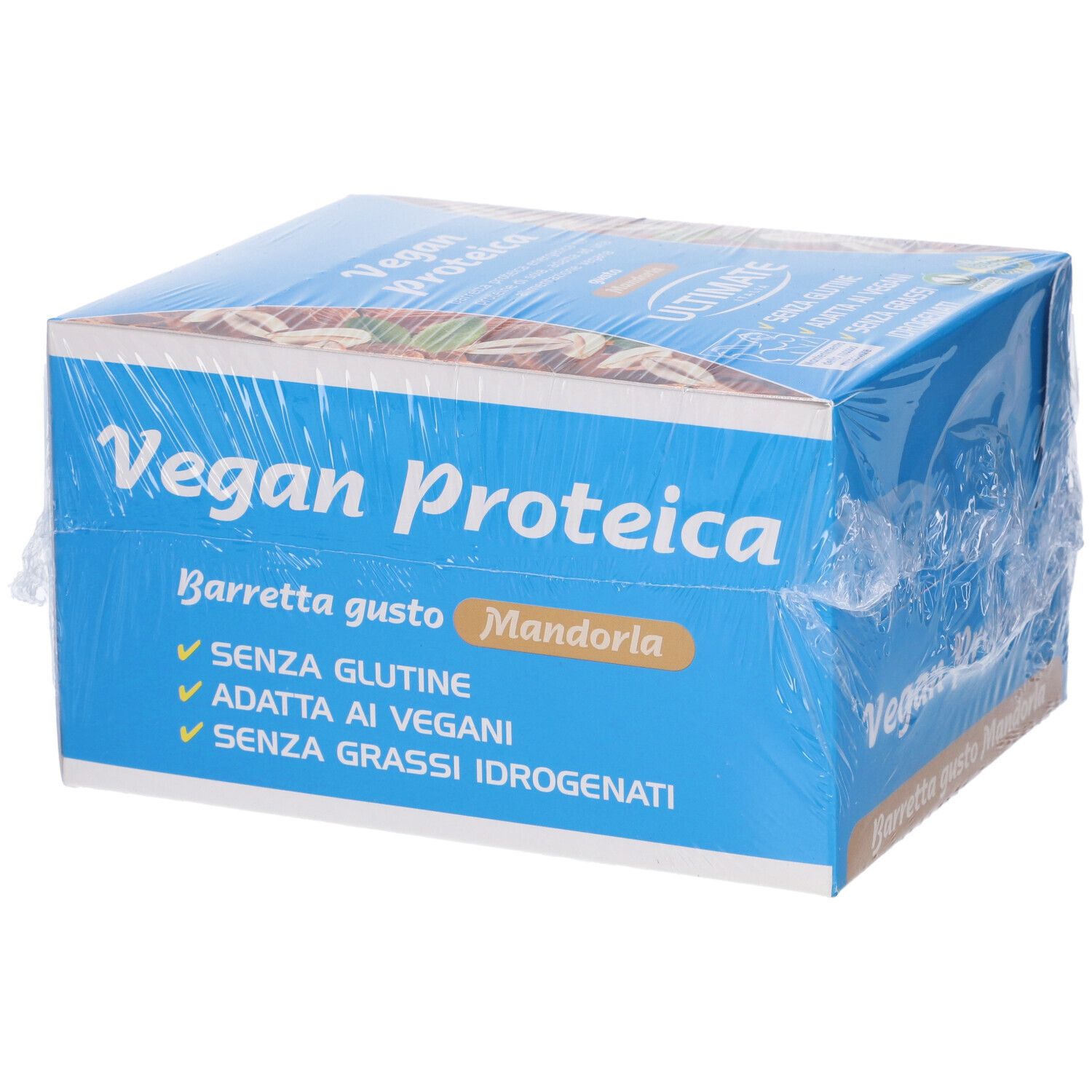 Scatola blu e bianca di barrette proteiche, avvolta in pellicola. Scritto: Vegan Proteica, Mandorla. Senza glutine, vegano, senza grassi idrogenati.