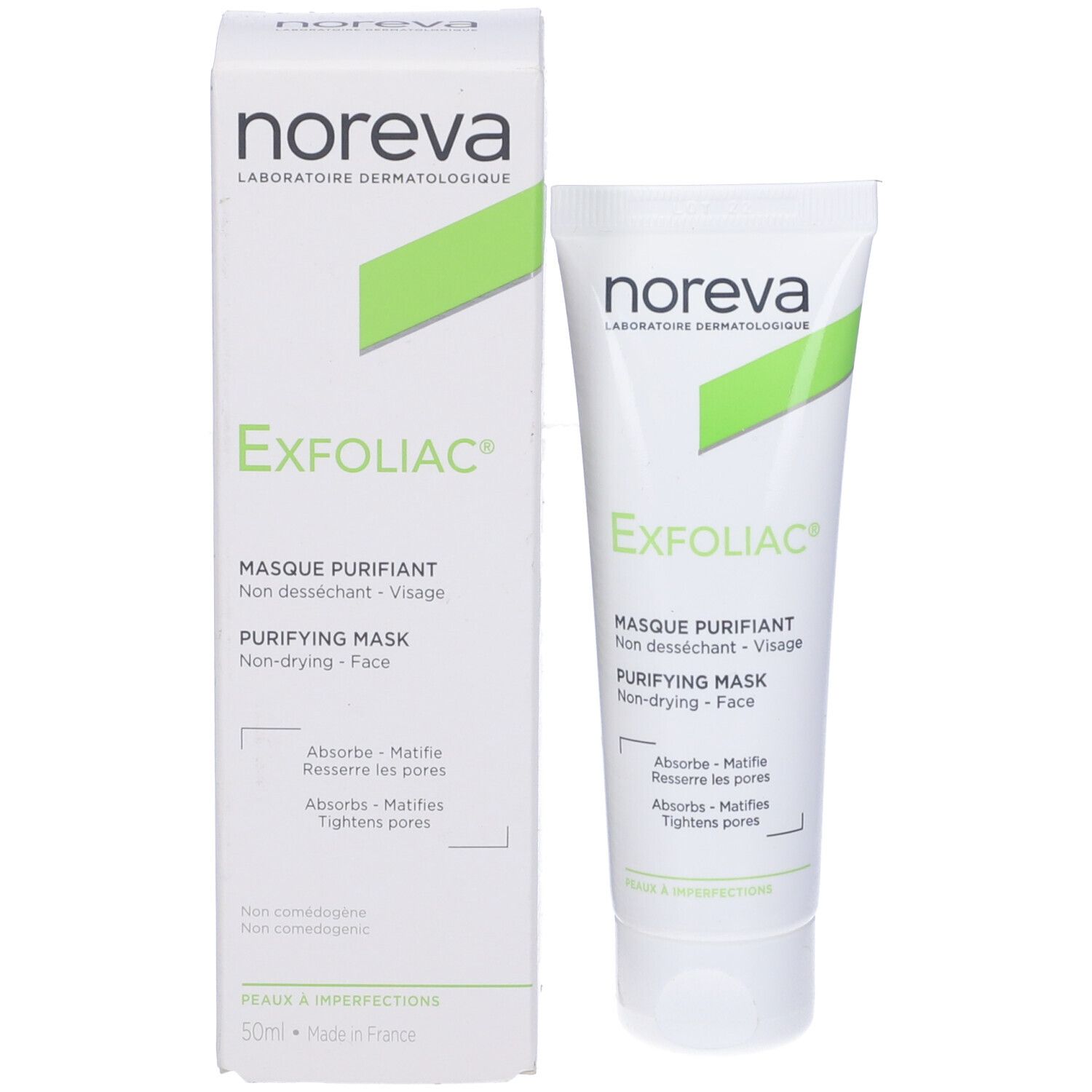 Produktverpackung und Tube. Verpackung: weiß mit grünem Akzent. Tube: weiß mit grünem Akzent. Aufschrift: Noreva, Exfoliac, Masque Purifiant.