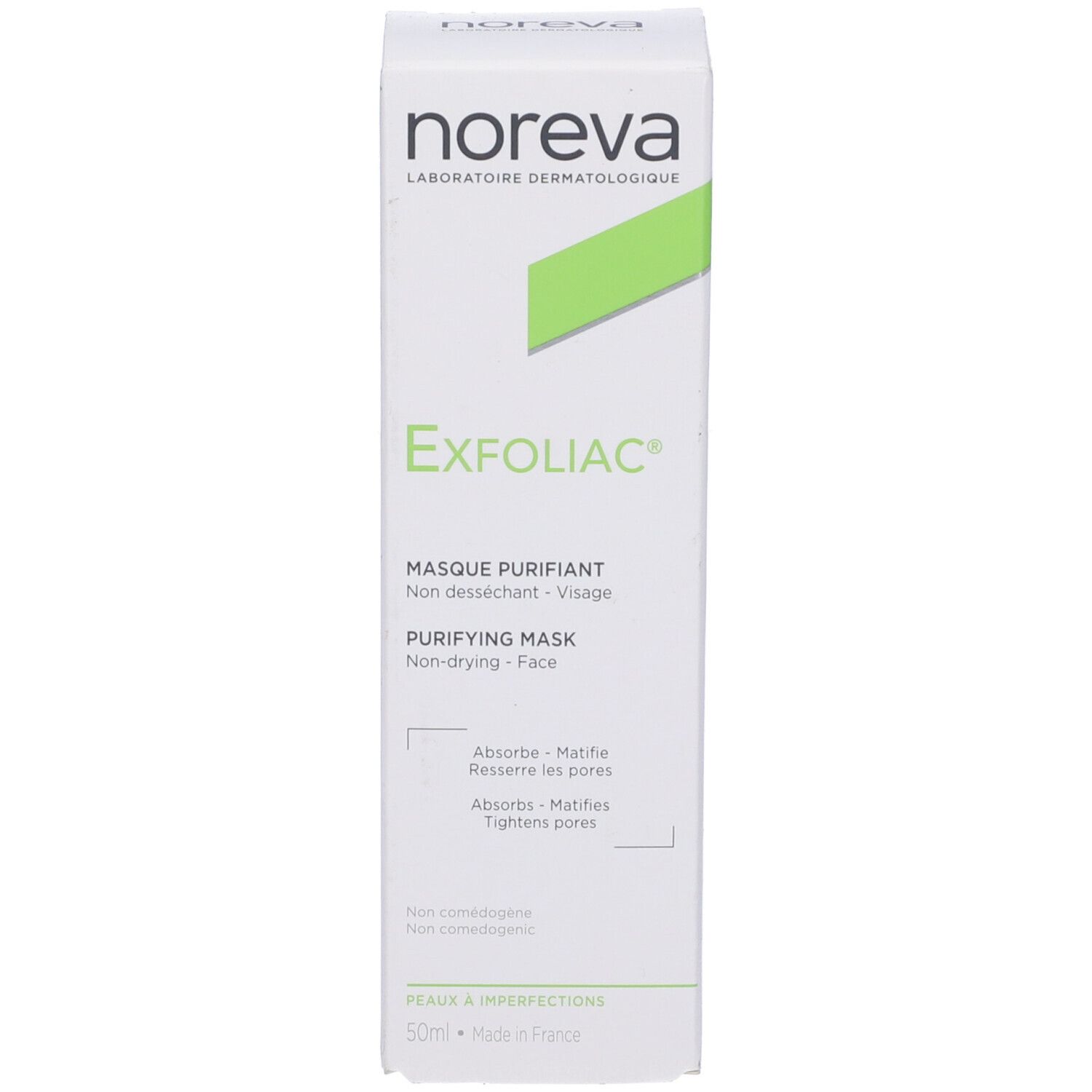 Weiße Produktverpackung mit grünem Akzent. Aufschrift: Noreva, Exfoliac, Masque Purifiant, Purifying Mask. Enthält Text in Englisch und Französisch.
