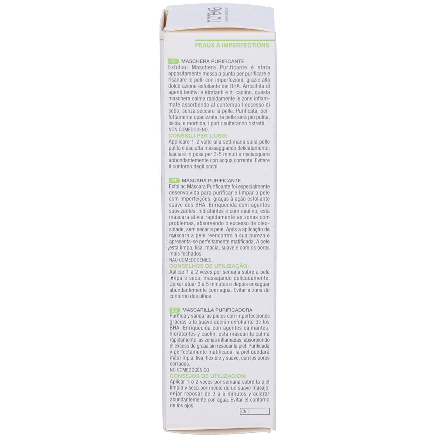 Rückseite der Produktverpackung. Text in mehreren Sprachen, darunter Deutsch, Englisch, Französisch, Italienisch und Niederländisch. Enthält Informationen.