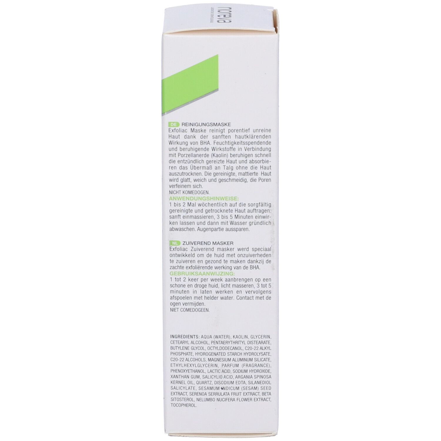Seite der Produktverpackung. Text in mehreren Sprachen, darunter Deutsch, Englisch, Französisch, Italienisch und Niederländisch. Enthält Informationen.