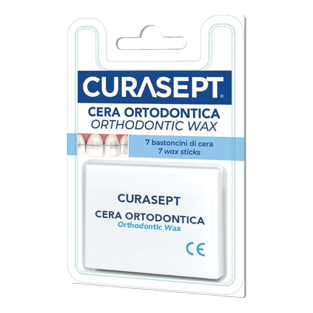 Confezione Curasept Cera ortodontica. Contiene 7 bastoncini di cera. Marchio CE.