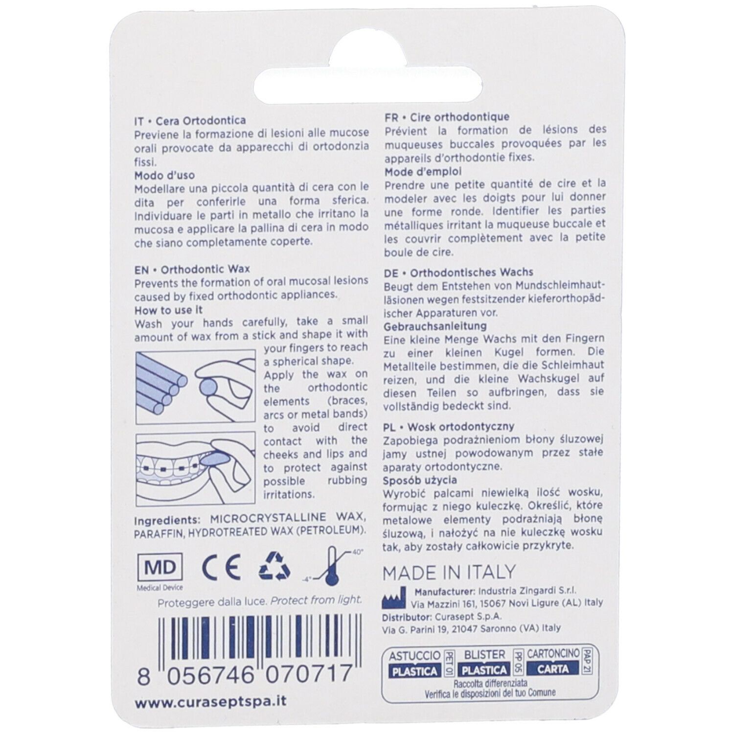 Retro confezione. Informazioni su Curasept Cera ortodontica. Marchio CE.