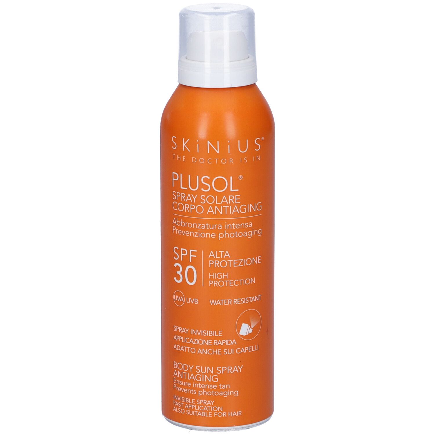 Flacone spray arancione con tappo bianco. Scritta: Plusol Spray Solare Corpo Antiaging, SPF 30. Resistente all'acqua.