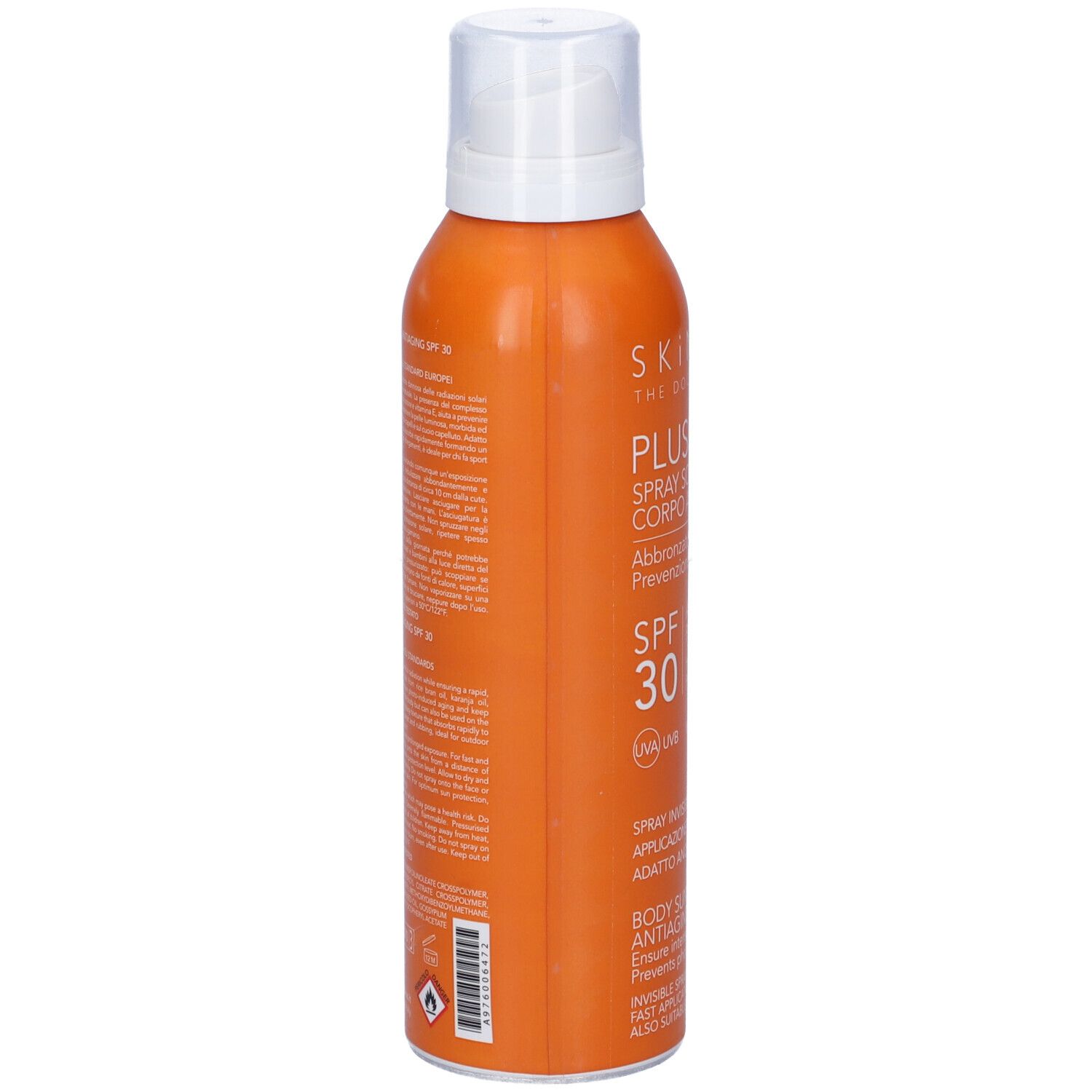 Flacone spray arancione con tappo bianco. Retro con testo. Scritta: Plusol Spray Solare Corpo Antiaging, SPF 30.