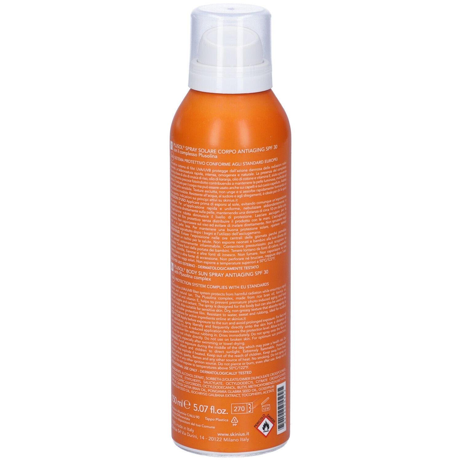 Flacone spray arancione con tappo bianco. Retro con testo. Scritta: Plusol Spray Solare Corpo Antiaging, SPF 30.