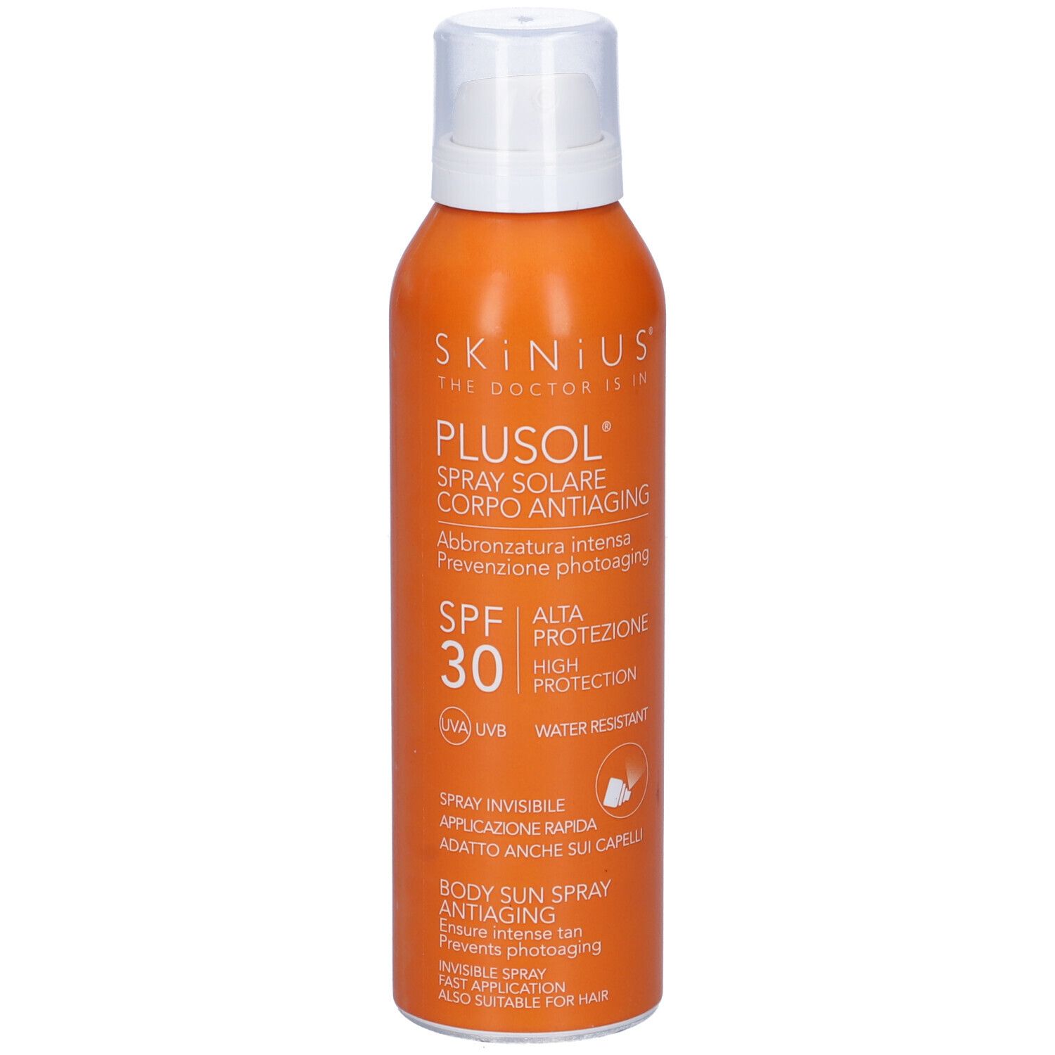 Flacone spray arancione con tappo bianco. Scritta: Plusol Spray Solare Corpo Antiaging, SPF 30. Resistente all'acqua.