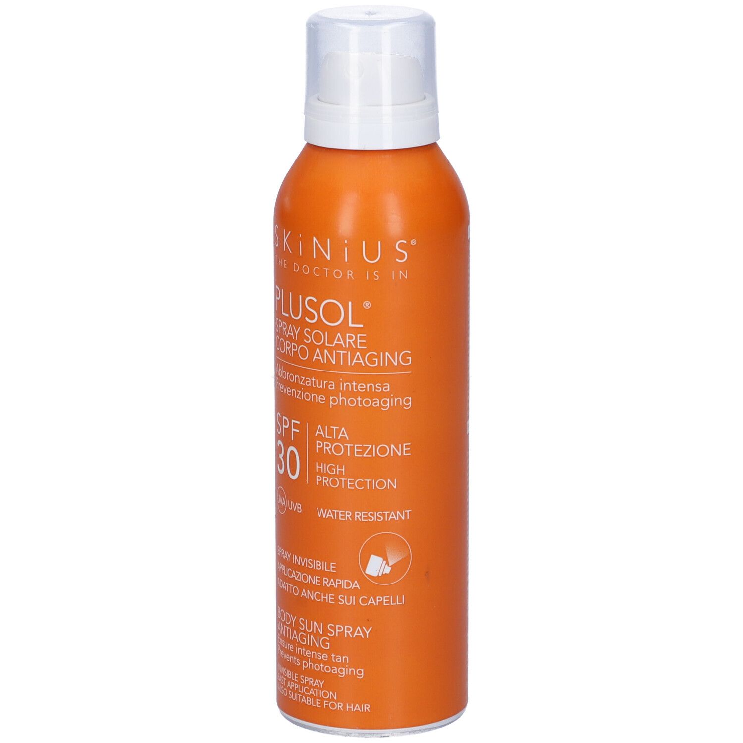 Flacone spray arancione con tappo bianco. Scritta: Plusol Spray Solare Corpo Antiaging, SPF 30. Resistente all'acqua.