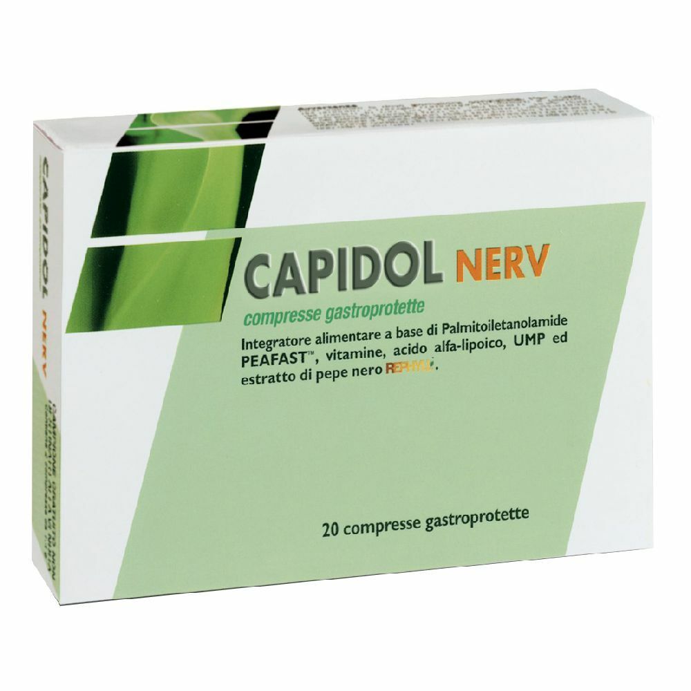 Confezione di Capidol Nerv, 20 compresse gastroprotette. Bianco con accenti verdi e rossi.