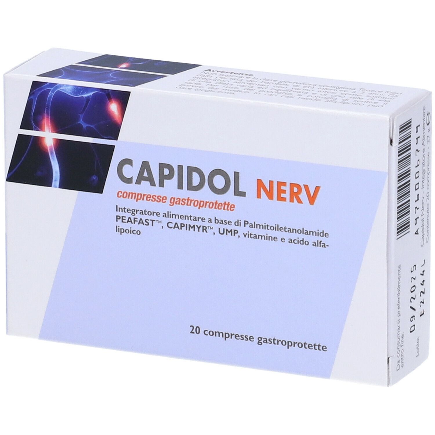 Confezione Capidol Nerv, 20 compresse gastroprotette. Bianco, testo rosso e illustrazione.