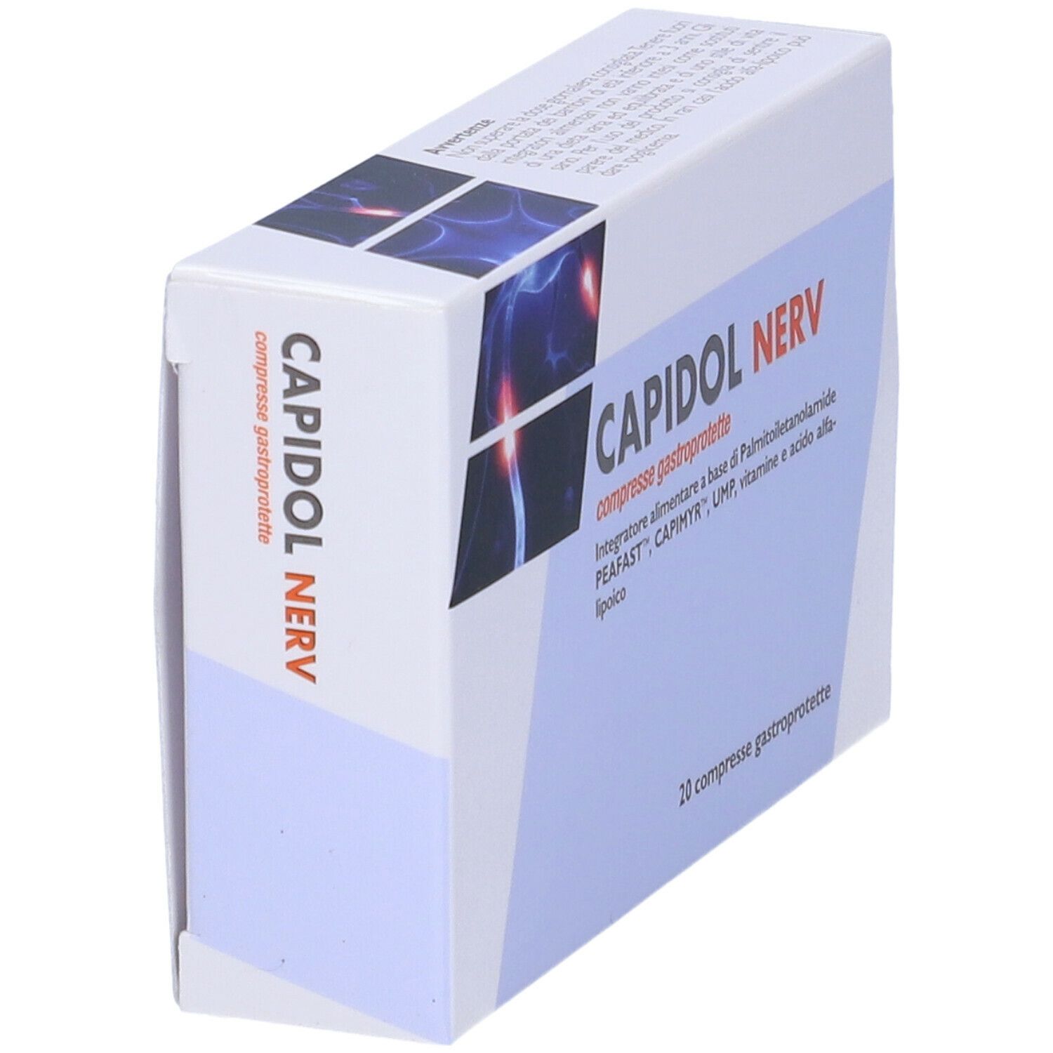 Confezione Capidol Nerv, 20 compresse gastroprotette. Bianco, testo rosso e illustrazione.