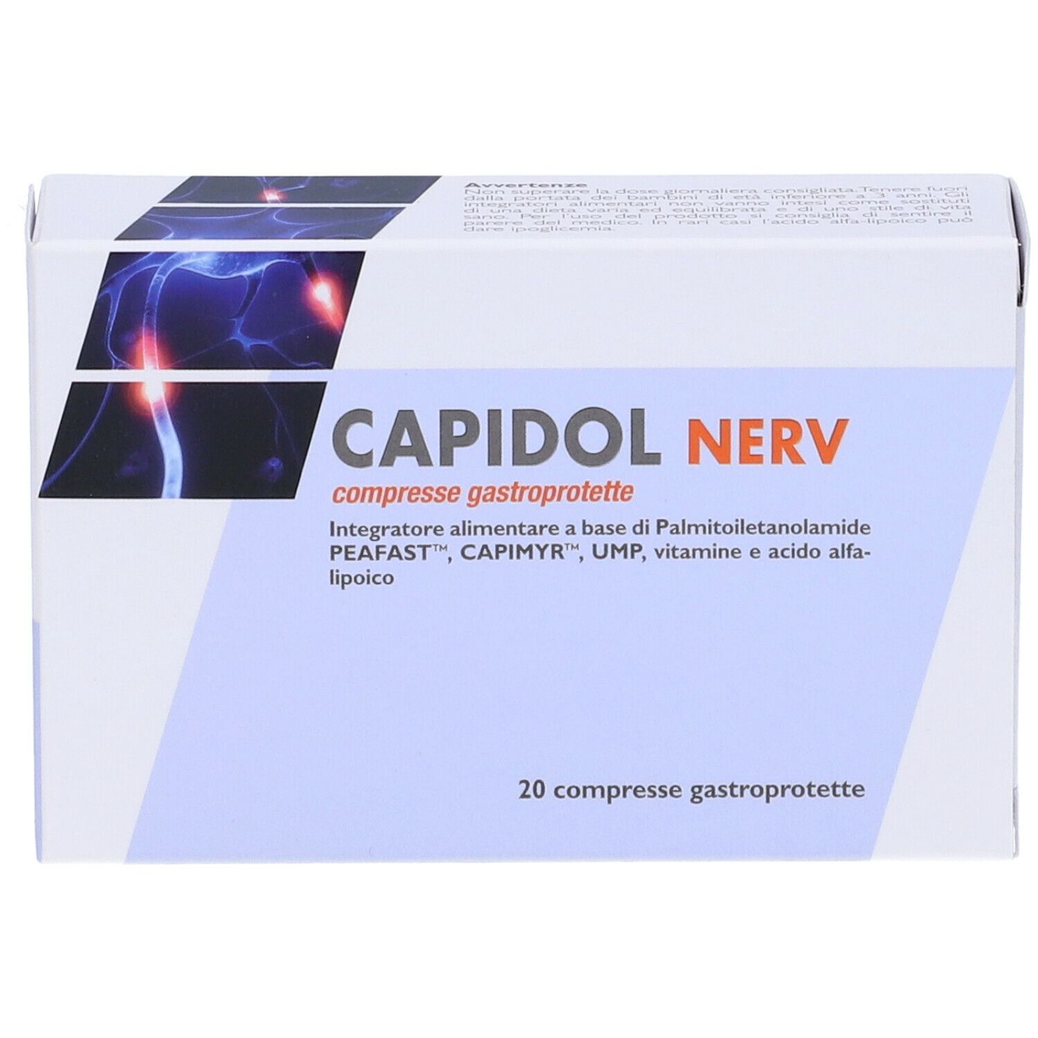 Confezione Capidol Nerv, 20 compresse gastroprotette. Bianco, testo rosso e illustrazione.
