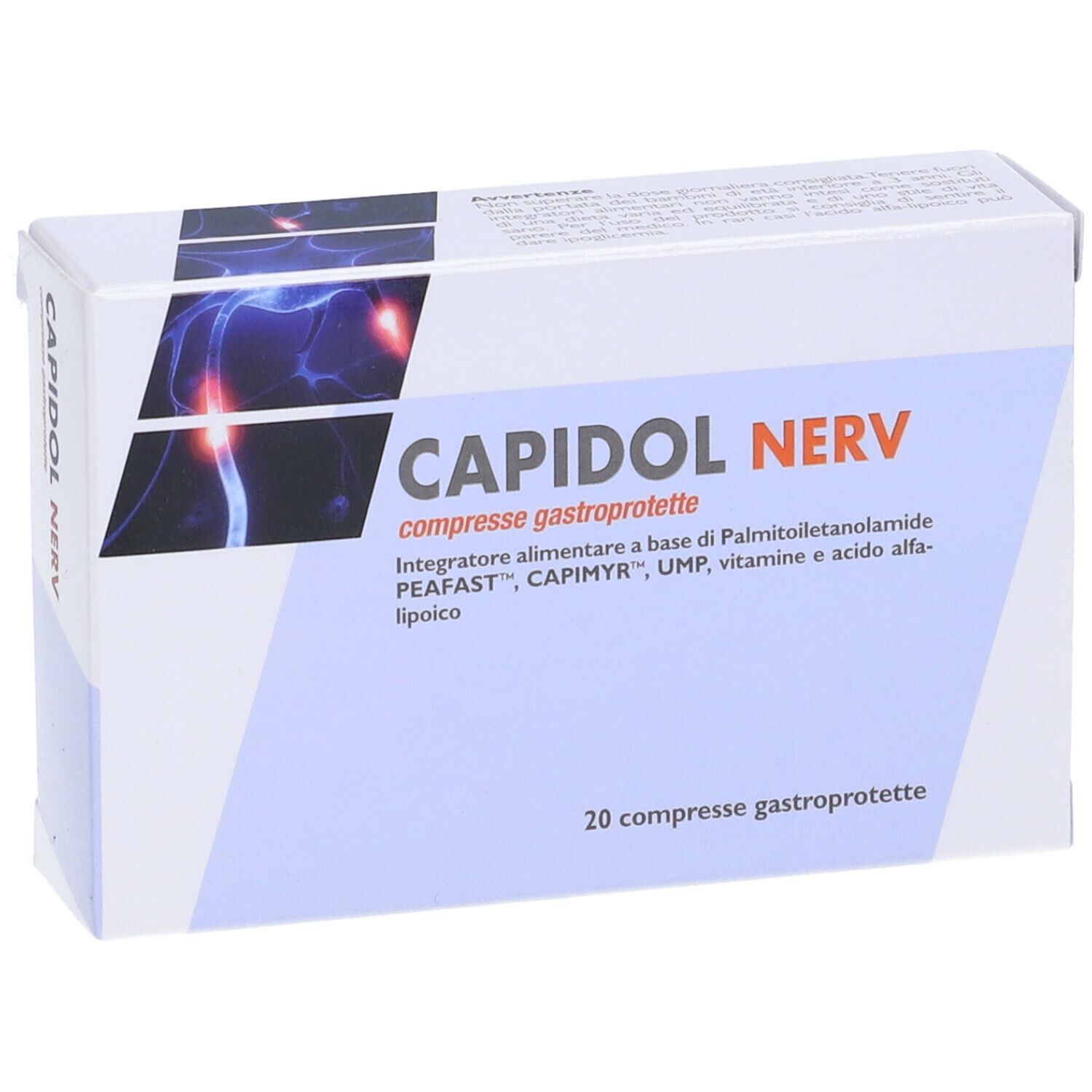 Confezione Capidol Nerv, 20 compresse gastroprotette. Bianco, testo rosso e illustrazione.