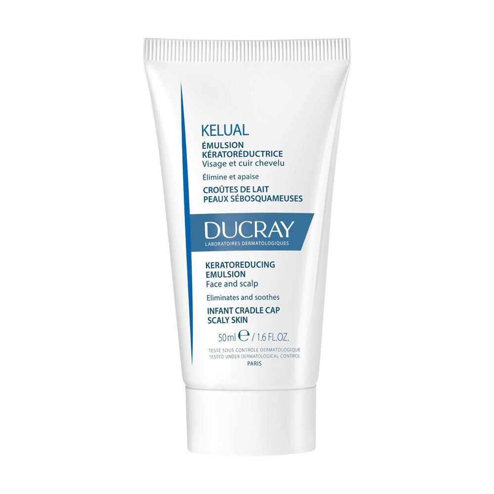 Tubo bianco con testo blu. Contiene Kelual Emulsion. 50ml. Per viso e cuoio capelluto.