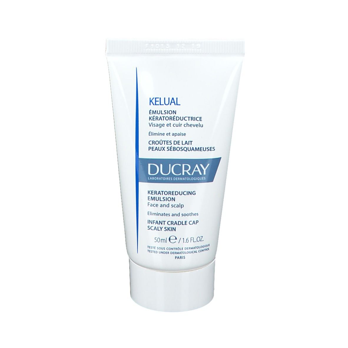 Tubo bianco con testo blu. Contiene Kelual Emulsion. 50ml. Per viso e cuoio capelluto.