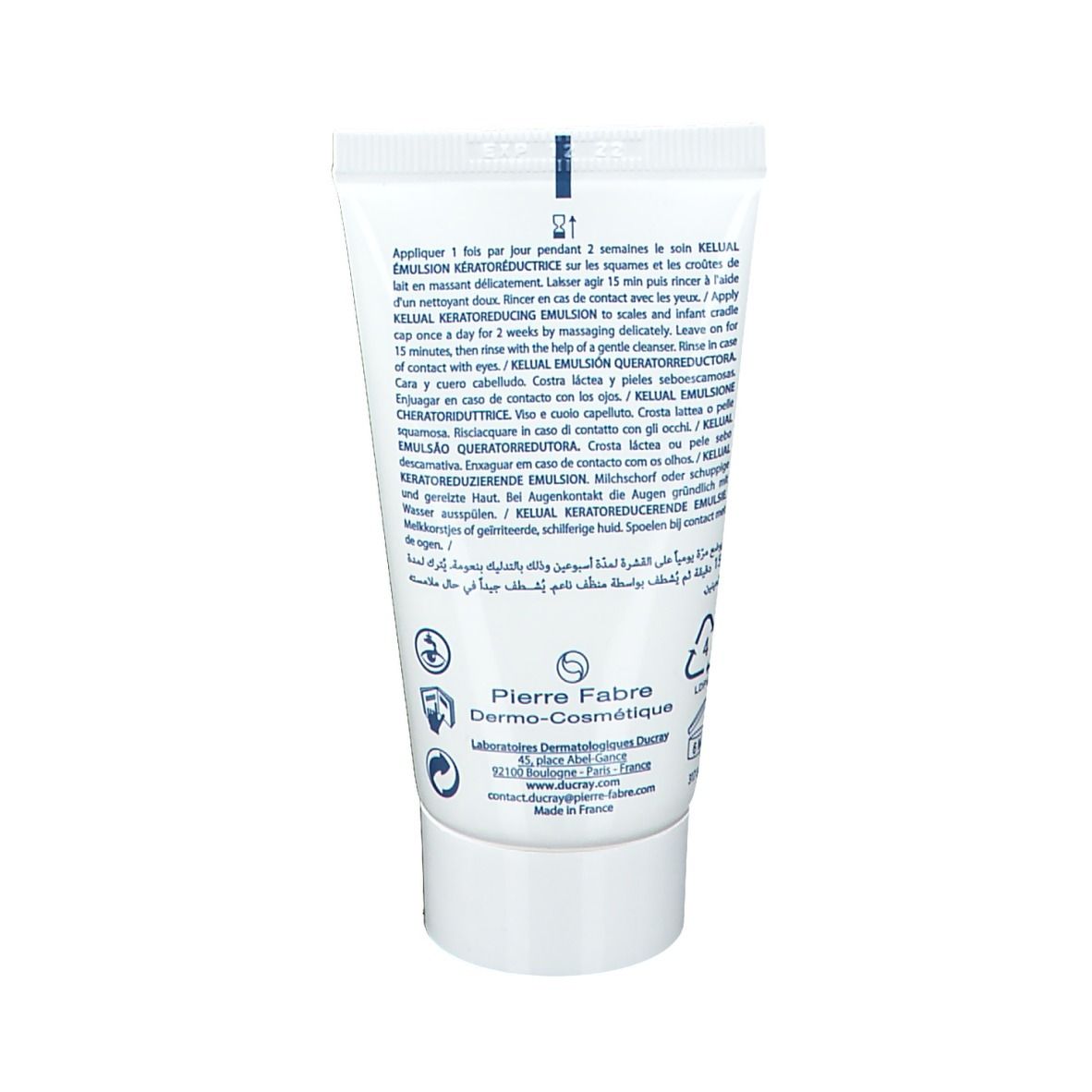 Retro del tubo. Contiene testo in più lingue. Produttore: Pierre Fabre Dermo-Cosmétique.