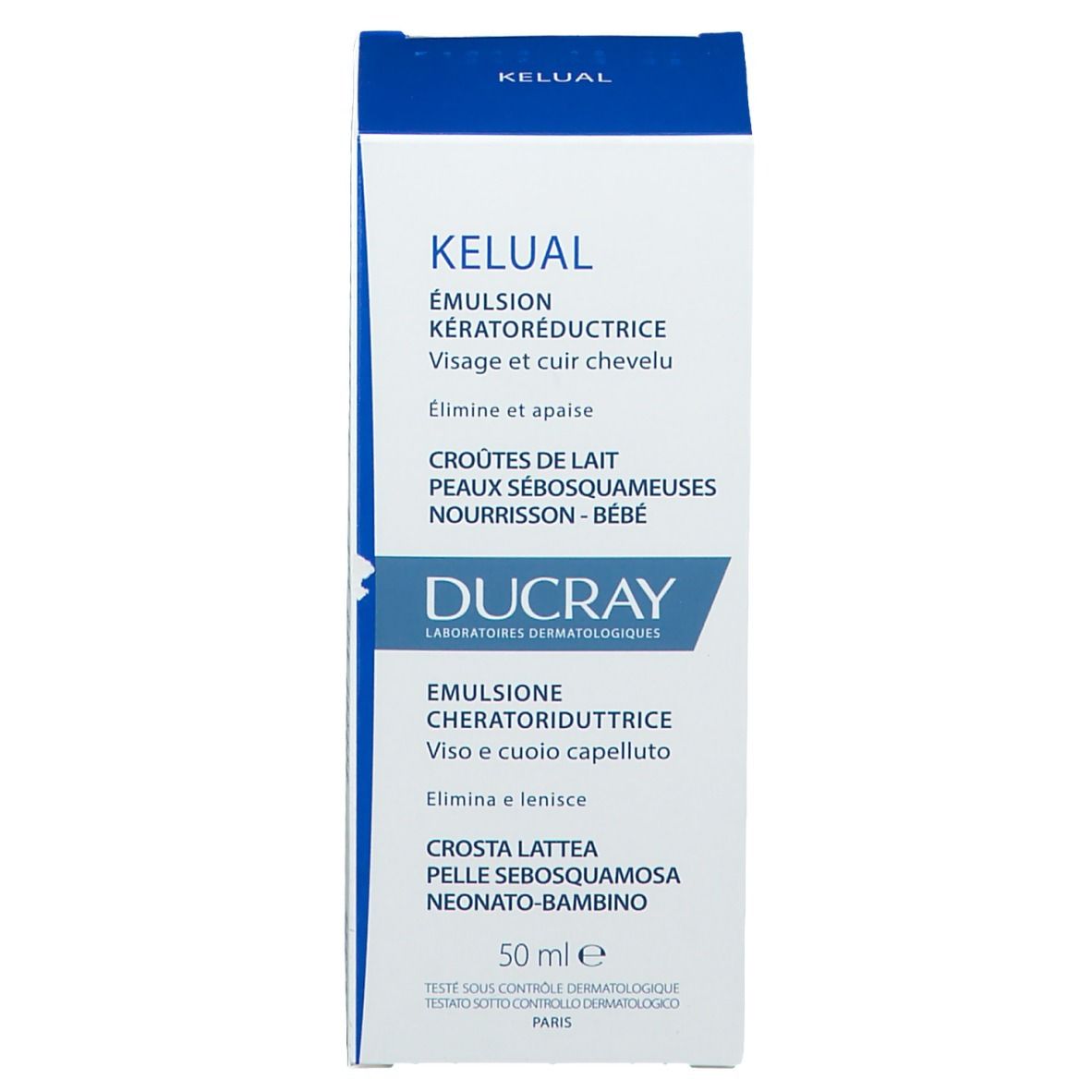 Scatola. Testo: Kelual Emulsion. Per viso e cuoio capelluto. 50 ml.