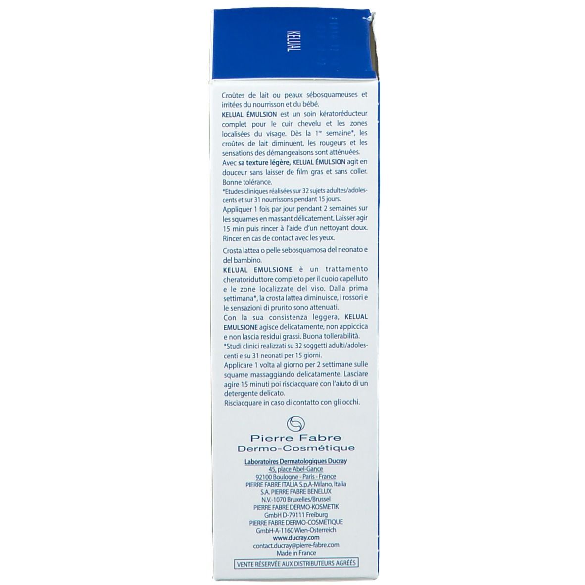 Retro della scatola. Testo in più lingue. Produttore: Pierre Fabre Dermo-Cosmétique.