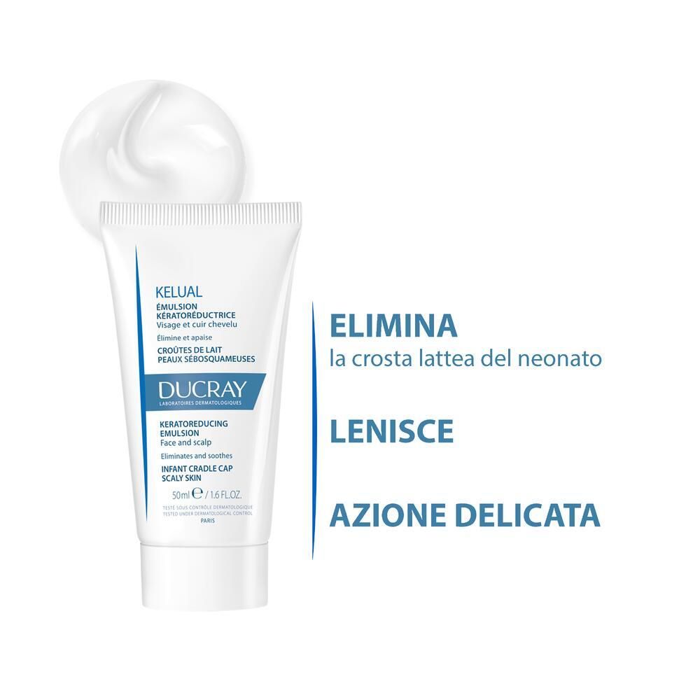 Tubo e testo del prodotto. Testo: Elimina la crosta lattea. Ammorbidisce. Azione delicata.