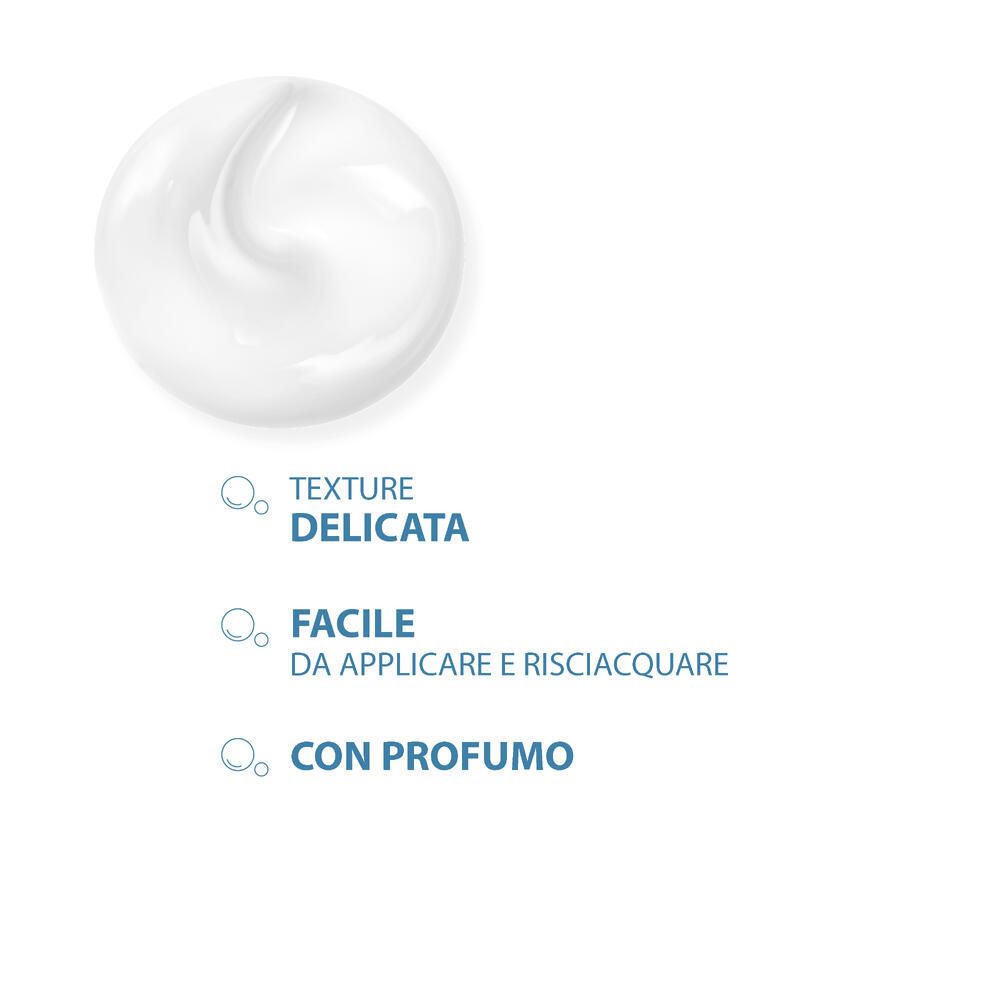 Testo del prodotto. Testo: Texture delicata. Facile da applicare e risciacquare. Con profumo.