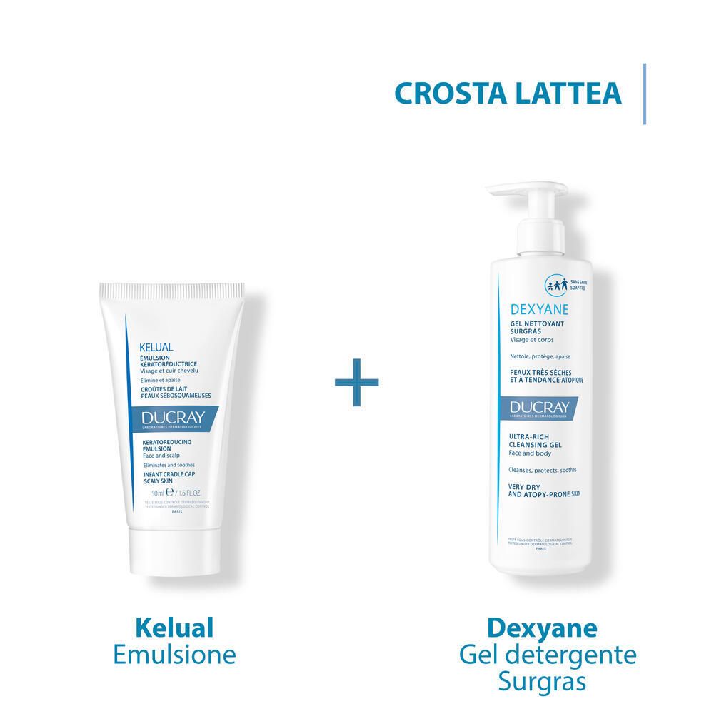 Kelual Emulsion e Dexyane Gel. Testo: Crosta lattea.
