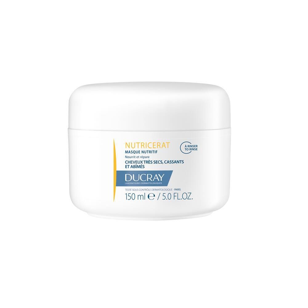 Pot blanc avec étiquette jaune et bleue. Masque pour cheveux très secs, cassants. Marque Ducray.