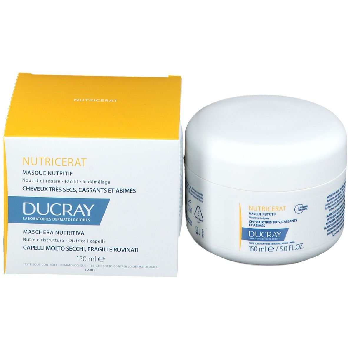 Boîte jaune et blanche et pot blanc. Masque pour cheveux secs et cassants. Marque Ducray.