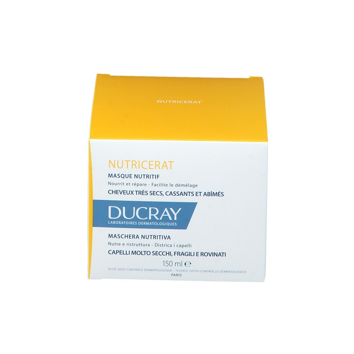 Boîte jaune et blanche avec informations produit. Masque pour cheveux secs et cassants. Marque Ducray.