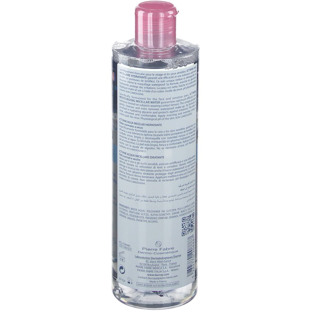 Dos du flacon d'eau micellaire. Texte multilingue. Informations fabricant et code QR.