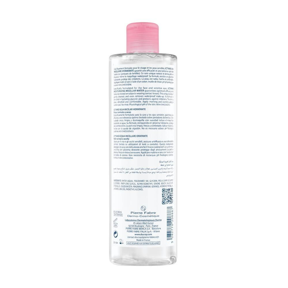 Dos du flacon d'eau micellaire. Texte multilingue. Informations fabricant et code QR.