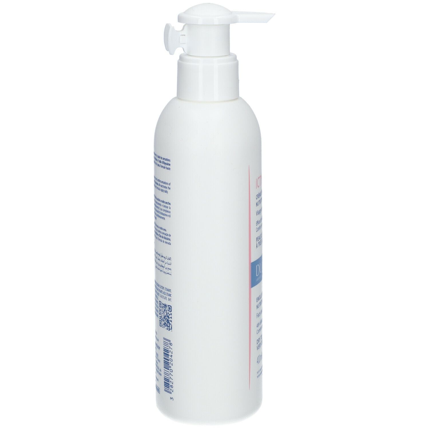 Flacon blanc avec pompe. Inscription : ICTYANE Crème Emolliente Nutritive. Pour peaux sèches à très sèches. Marque : DUCRAY.