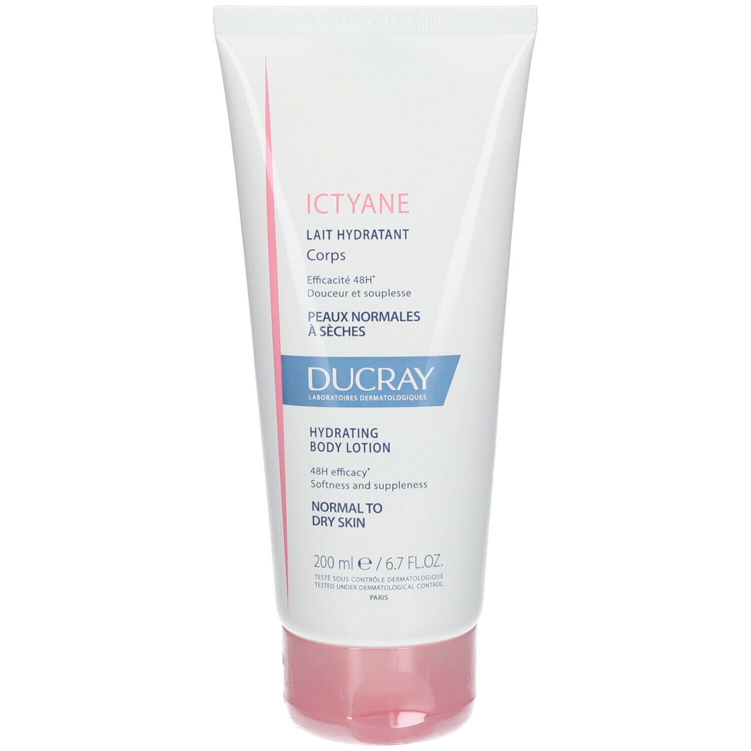 Tubo bianco e rosa con nome del prodotto e logo. Testo: Lait Hydratant Corps, Peaux Normales à Sèches, DUCRAY, Hydrating Body Lotion.