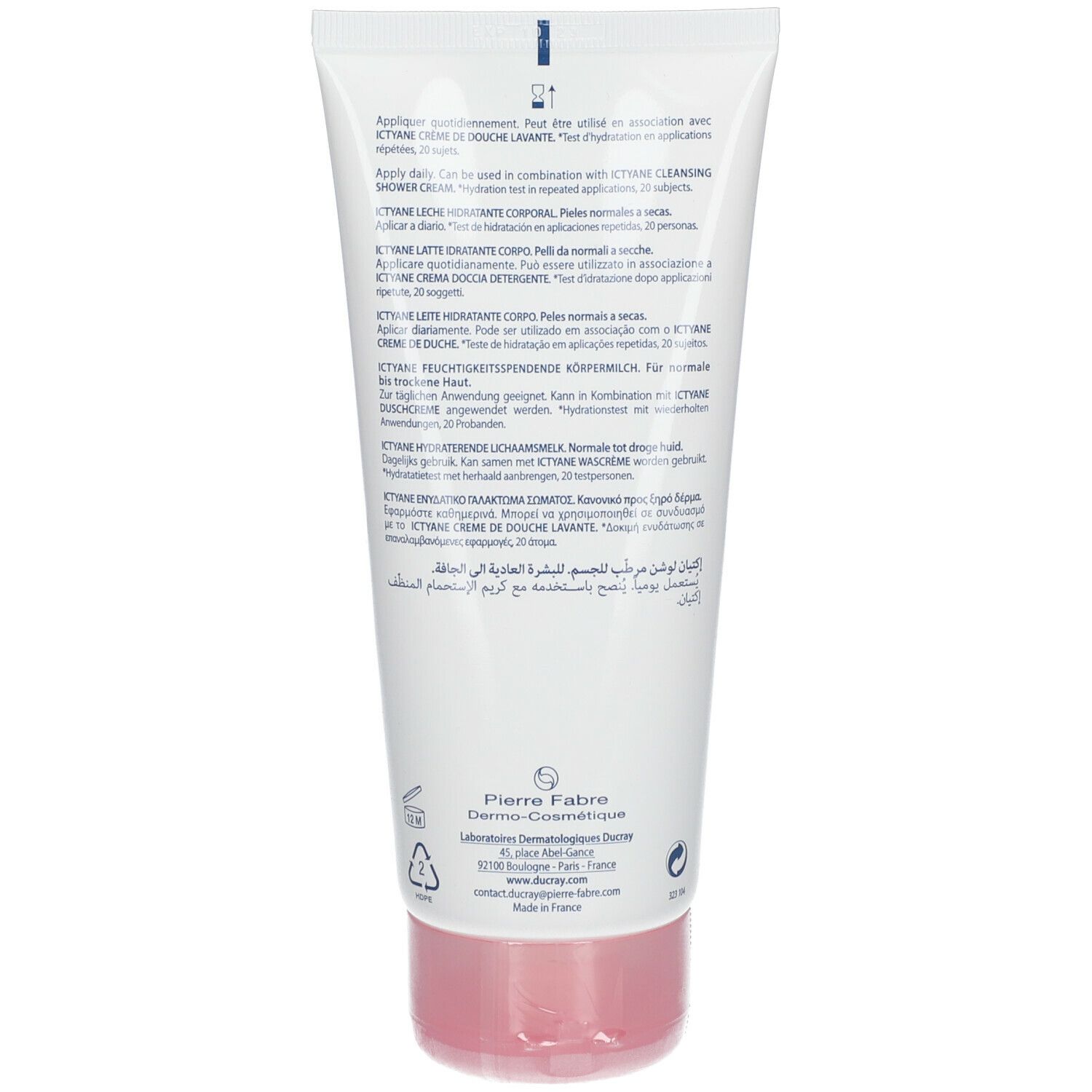 Retro del tubo. Testo multilingue. Informazioni sul produttore e simboli di riciclaggio. Tappo rosa.