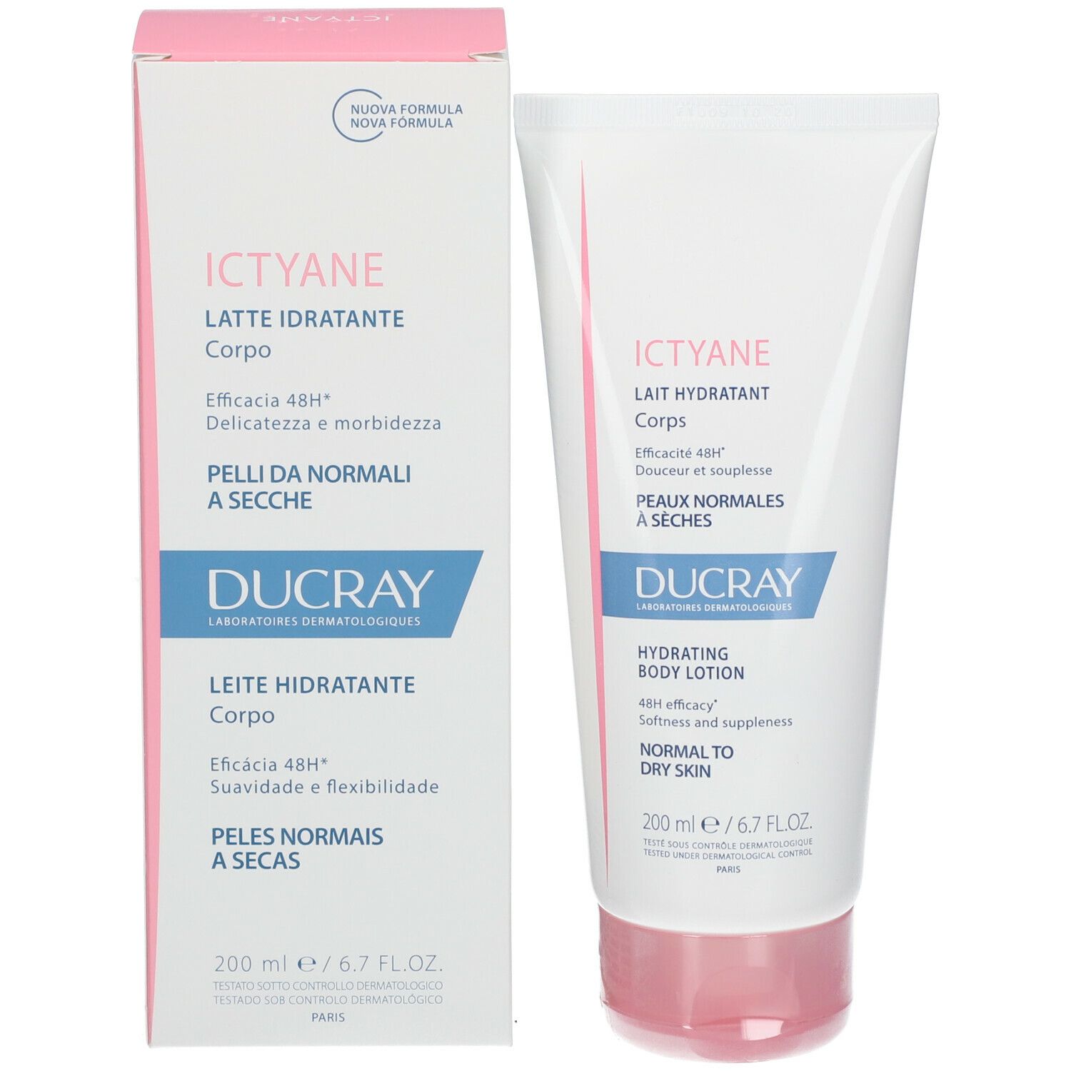 Confezione e tubo. Scatola e tubo bianchi e rosa con nome e logo. Testo: Lait Hydratant Corps, DUCRAY.