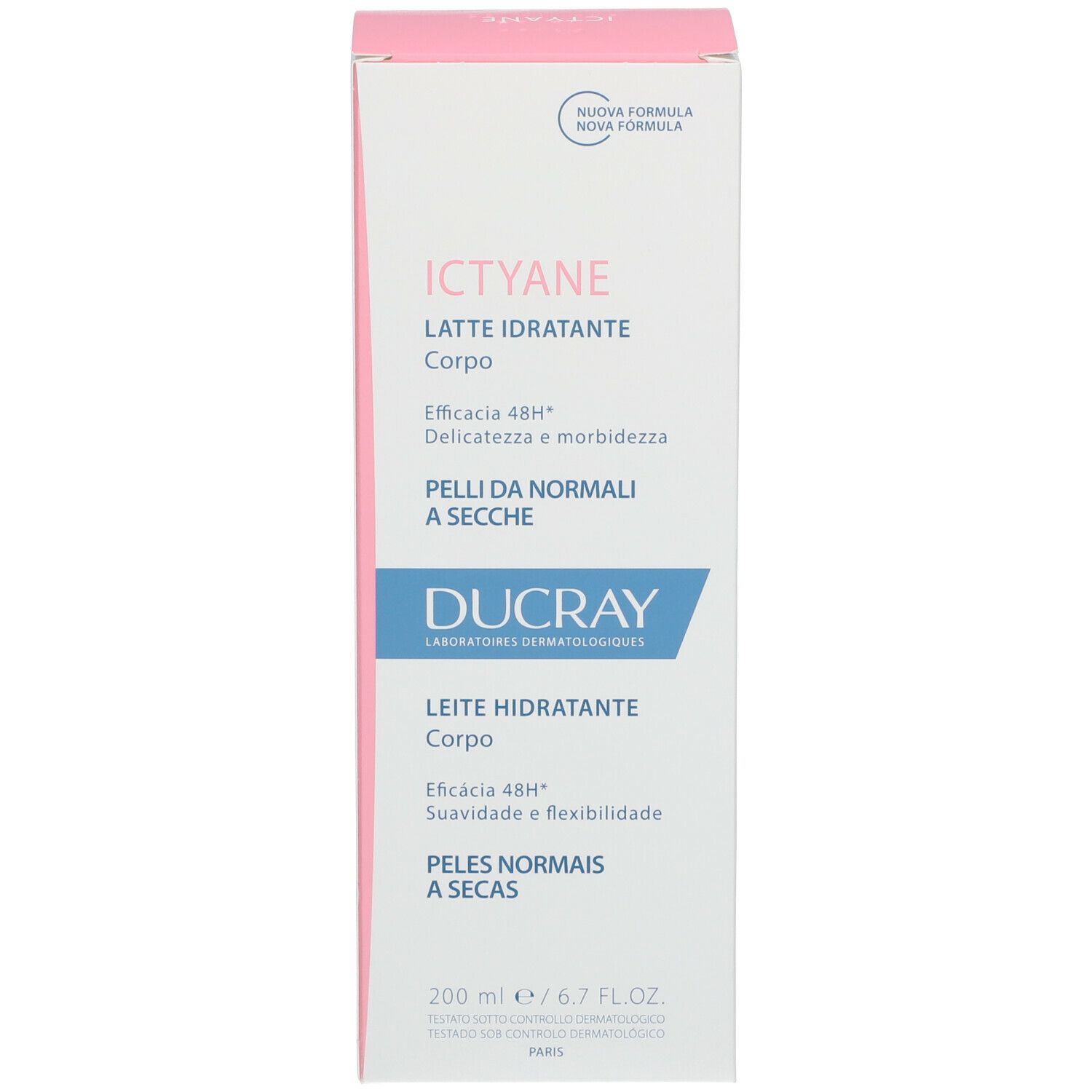 Confezione del prodotto. Scatola bianca e rosa con nome e logo. Testo: Lait Hydratant Corps, Peaux Normales à Sèches, DUCRAY, Hydrating Body Lotion.