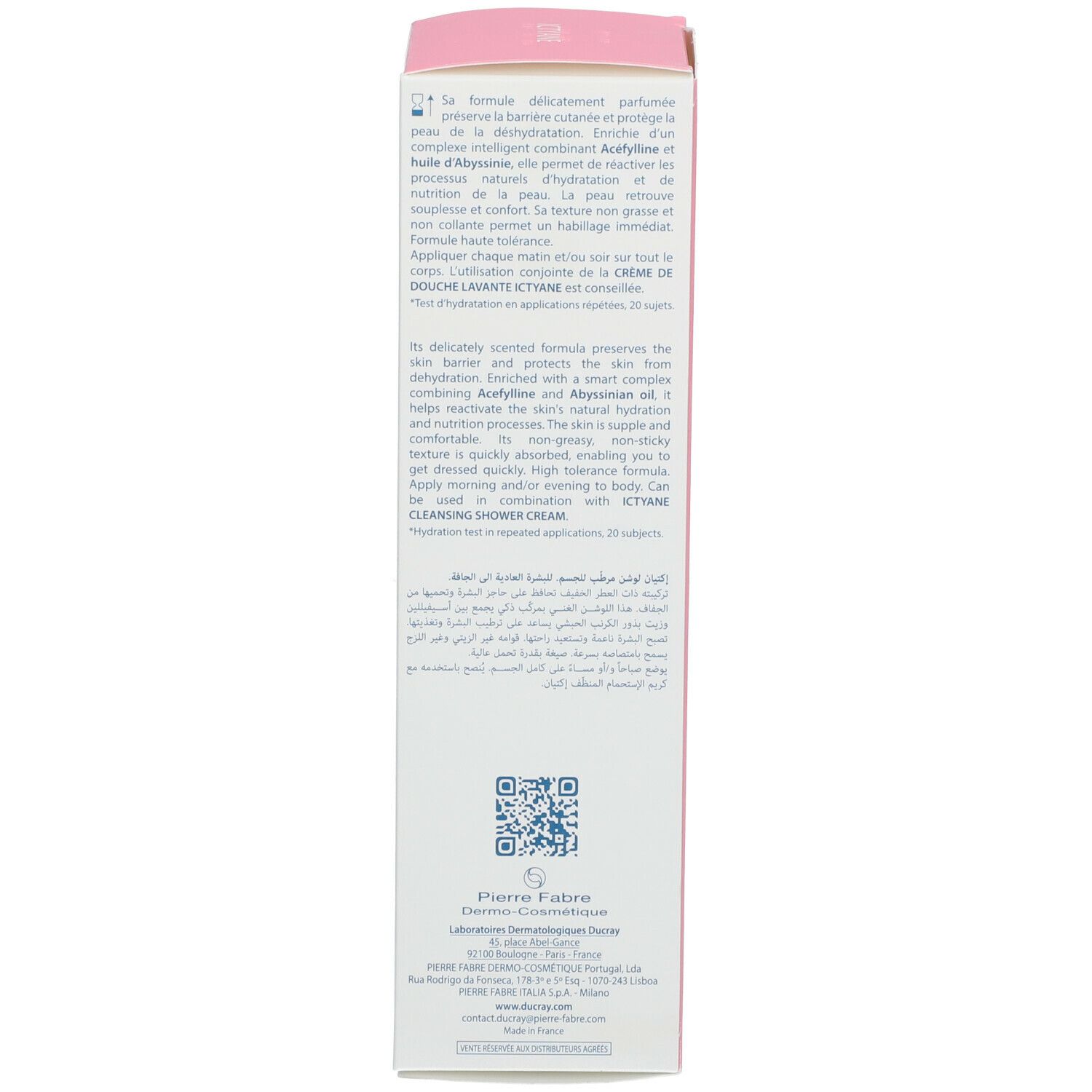Retro della confezione. Testo multilingue. Informazioni sul produttore e codice QR.