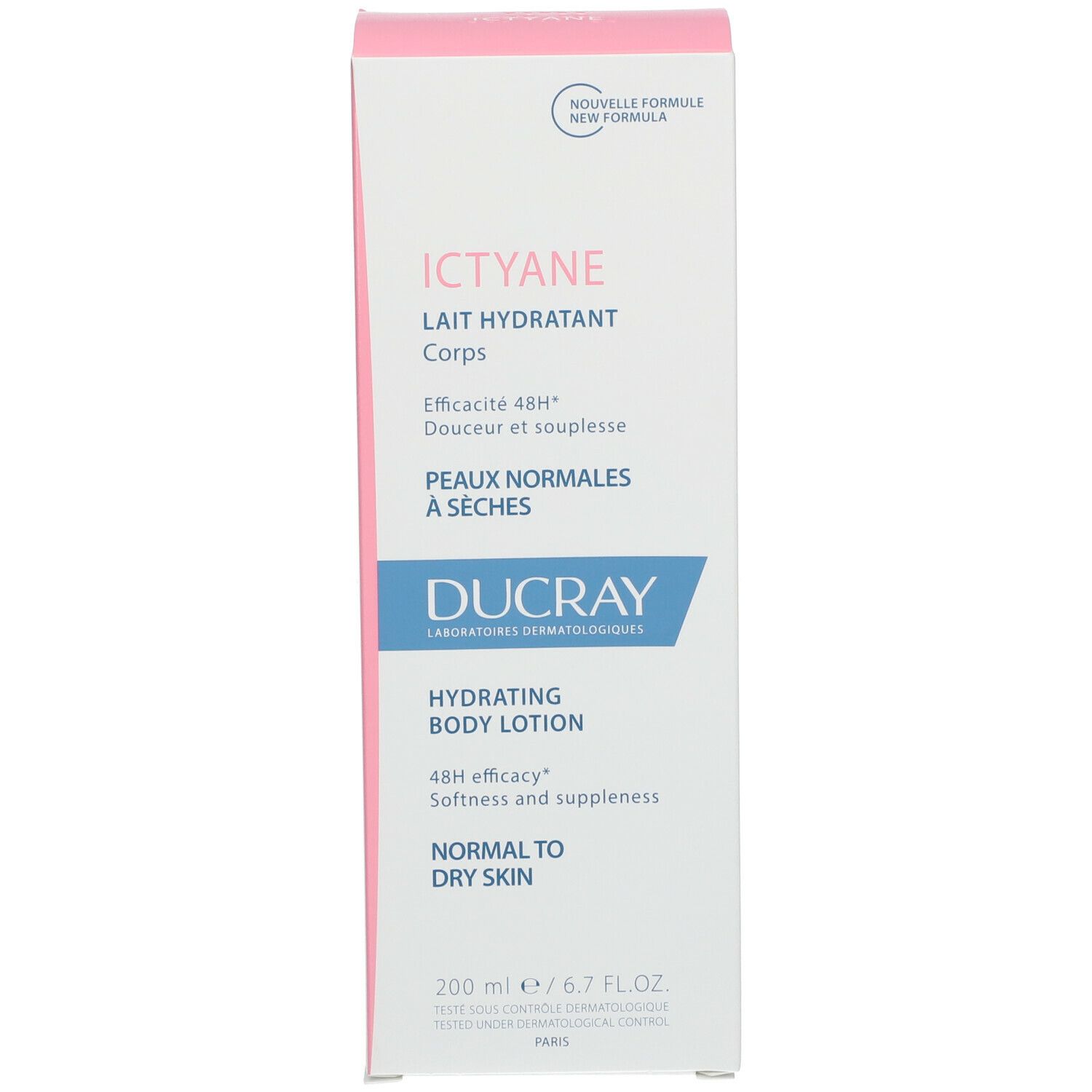 Confezione del prodotto. Scatola bianca e rosa con nome e logo. Testo: Lait Hydratant Corps, Peaux Normales à Sèches, DUCRAY, Hydrating Body Lotion.