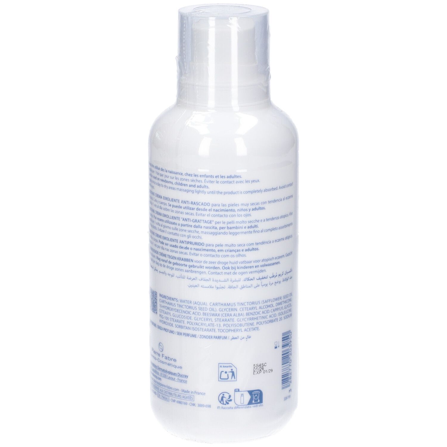 Rückseite der weißen Flasche. Text in mehreren Sprachen. Produktinformationen und Inhaltsstoffe. Mit transparentem Verschluss.