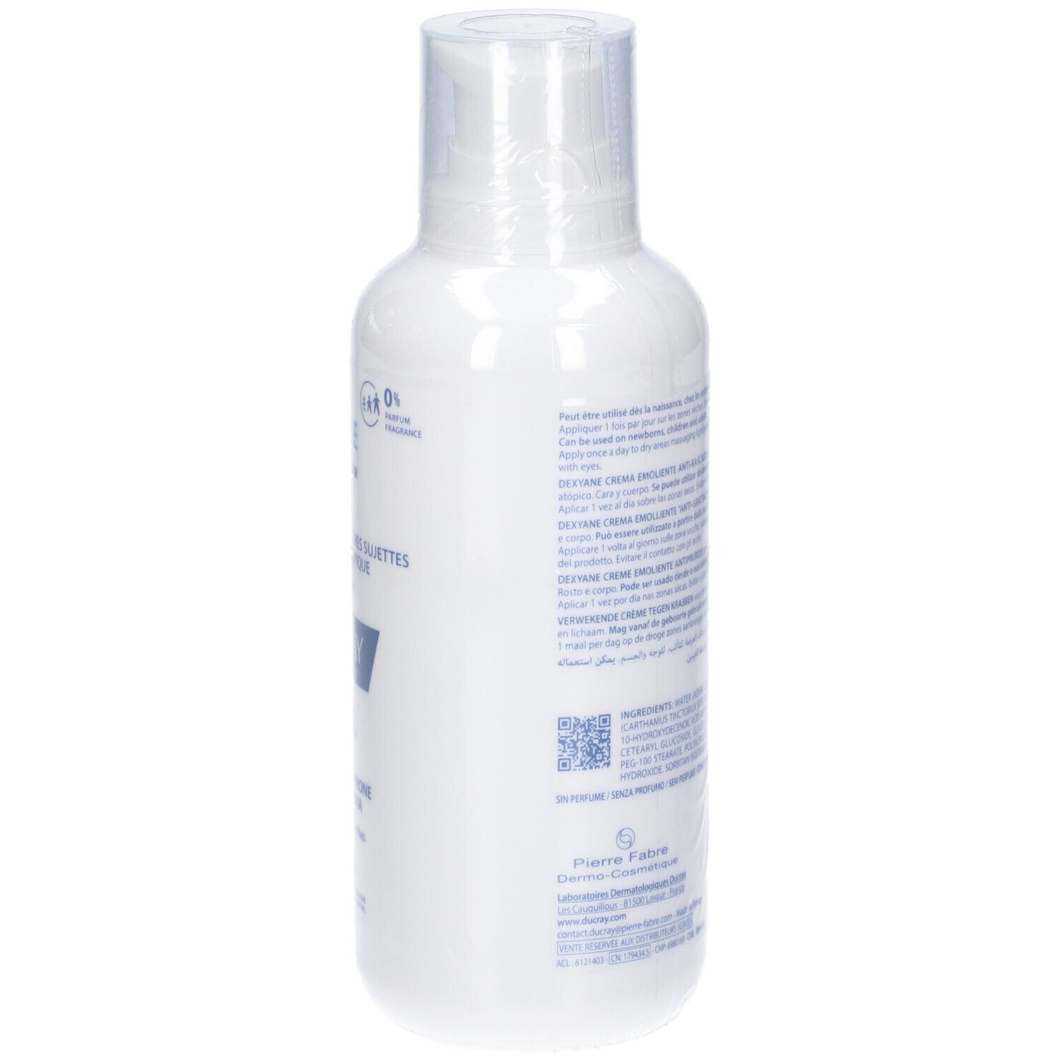 Rückseite der weißen Flasche. Text in mehreren Sprachen. Produktinformationen und Inhaltsstoffe. Mit transparentem Verschluss.