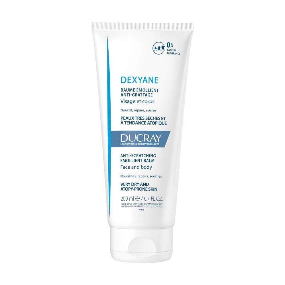 Weiße Tube mit DUCRAY Dexyane Balsam. Text: Anti-Grattage, Gesicht und Körper. Für sehr trockene Haut.