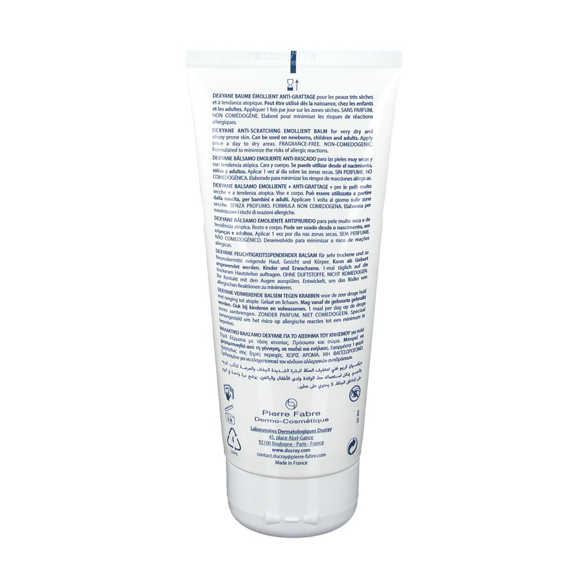 Rückseite der DUCRAY Dexyane Tube. Text in mehreren Sprachen. Informationen zur Anwendung und Inhaltsstoffe.