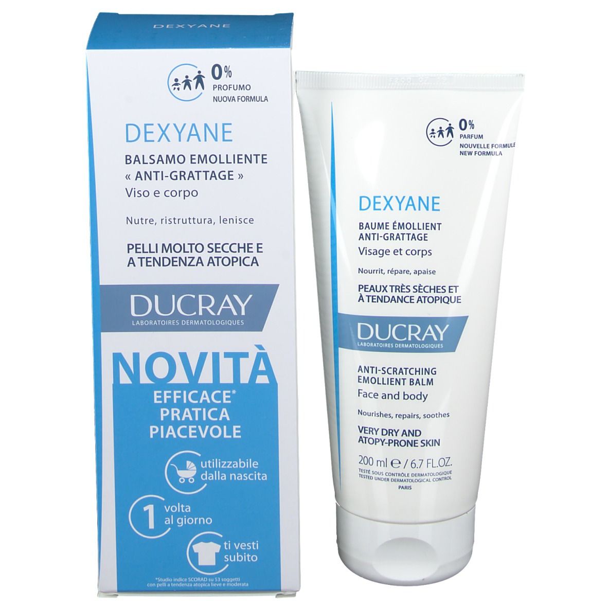 DUCRAY Dexyane Tube und Schachtel. Text: Balsamo emolliente, Anti-Grattage, Viso e corpo.