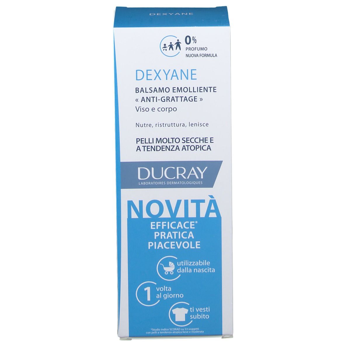 DUCRAY Dexyane Schachtel. Text: Balsamo emolliente, Anti-Grattage, Viso e corpo. Neu.