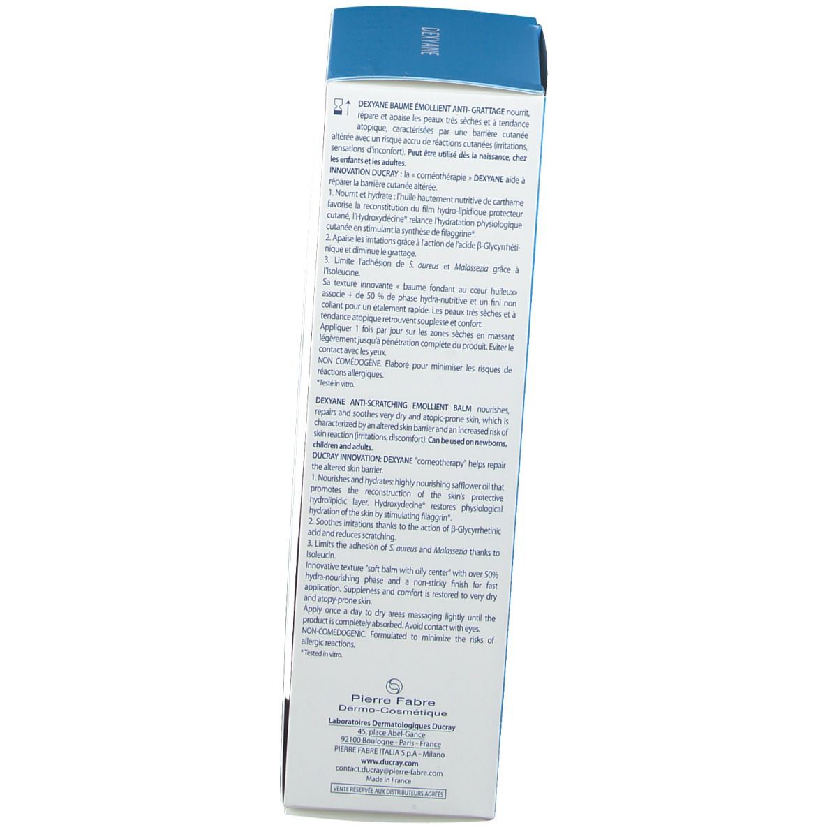 Rückseite der DUCRAY Dexyane Schachtel. Text in italienischer Sprache. Informationen zum Produkt.