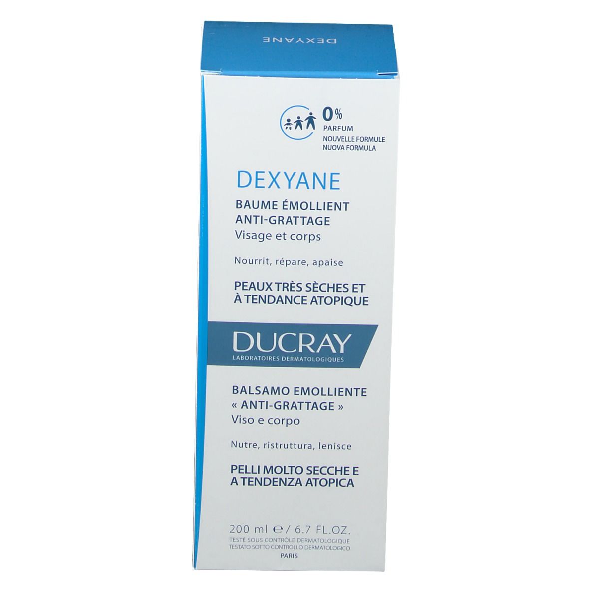 DUCRAY Dexyane Schachtel. Text: Balsamo emolliente, Anti-Grattage, Viso e corpo. 200 ml.