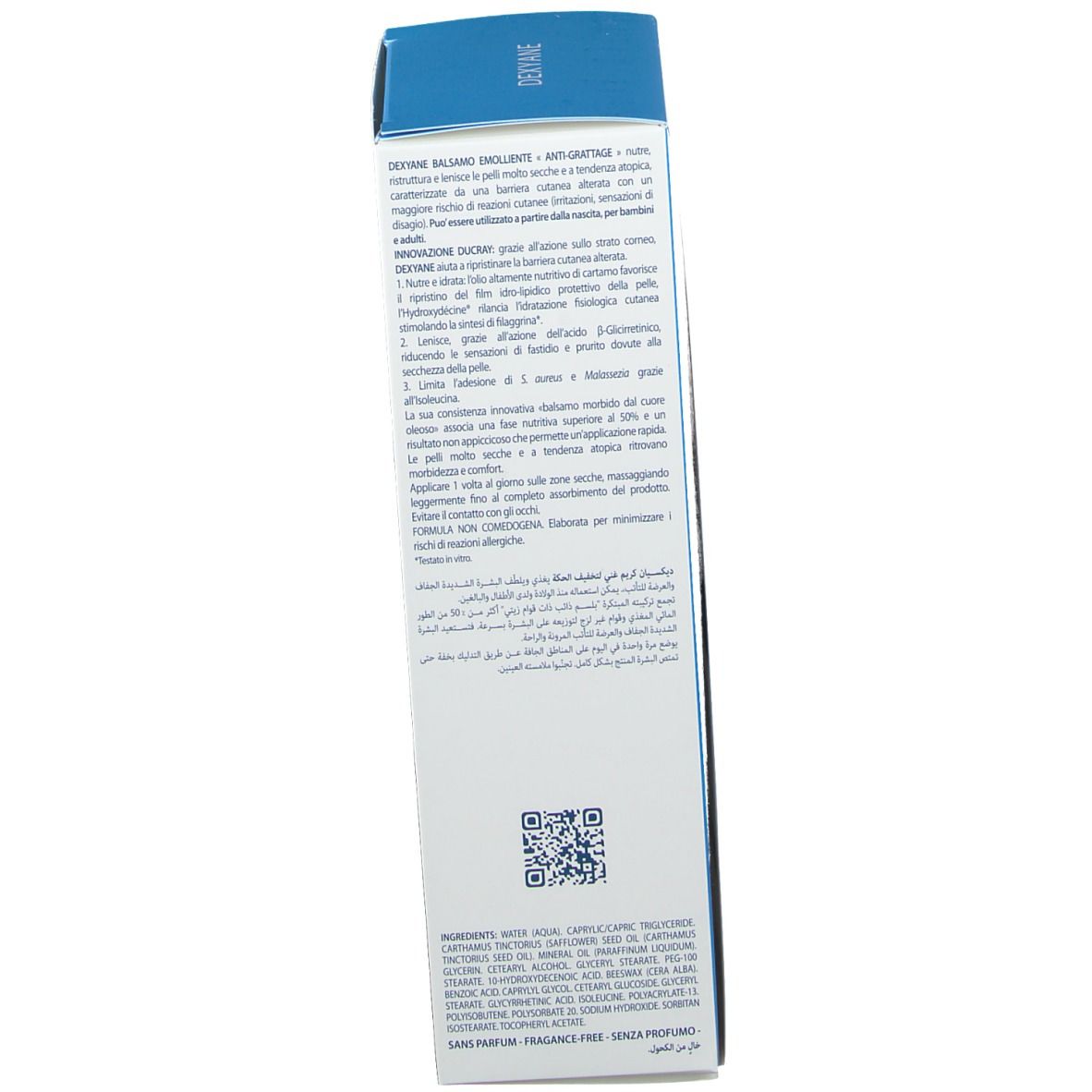 Rückseite der DUCRAY Dexyane Schachtel. Text in italienischer Sprache. Informationen zum Produkt.