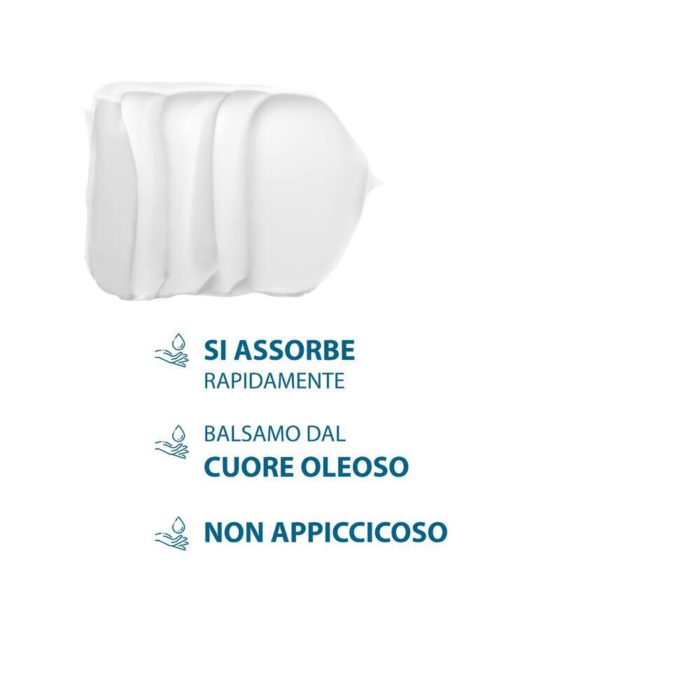 Klecks weiße Creme. Text: Si assorbe rapidamente, Balsamo dal cuore oleoso, Non appiccicoso.
