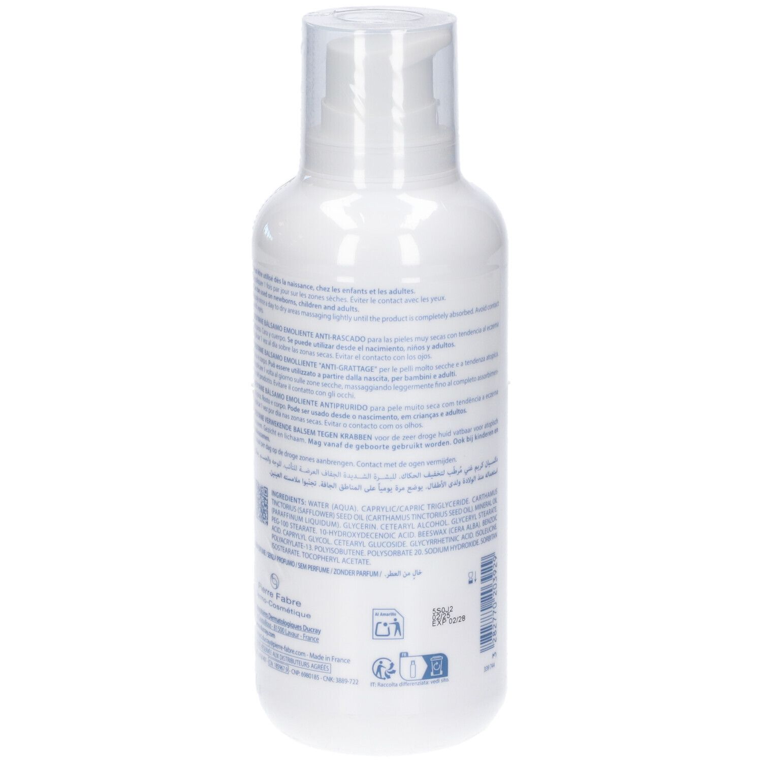 Weiße Flasche, Rückseite. Text: DUCRAY Dexyane. Informationen, Inhaltsstoffe und Herstellerangaben.
